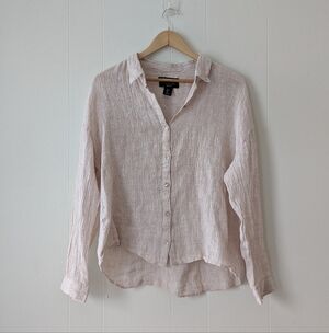 Tahari 100% Linen Classic Button Up Top Blouse L Large European Flax